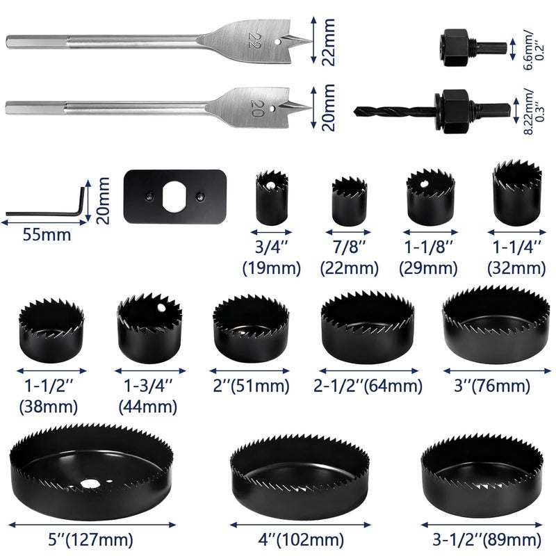 Doaho 18Pcs Hole Saw Kit,Wood Hole Saw Set with 3/4in-5in Hole Saws,Mandrels,Drill Bits,Installation Plate,Hex Wrench,Flat Saw,Storage Case for Wood,Plywood,PVC,Drywall,Plastic - Image 2